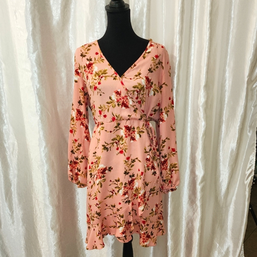 Xhilaration Pink Red Wrap Sundress with Bishop Sleeves